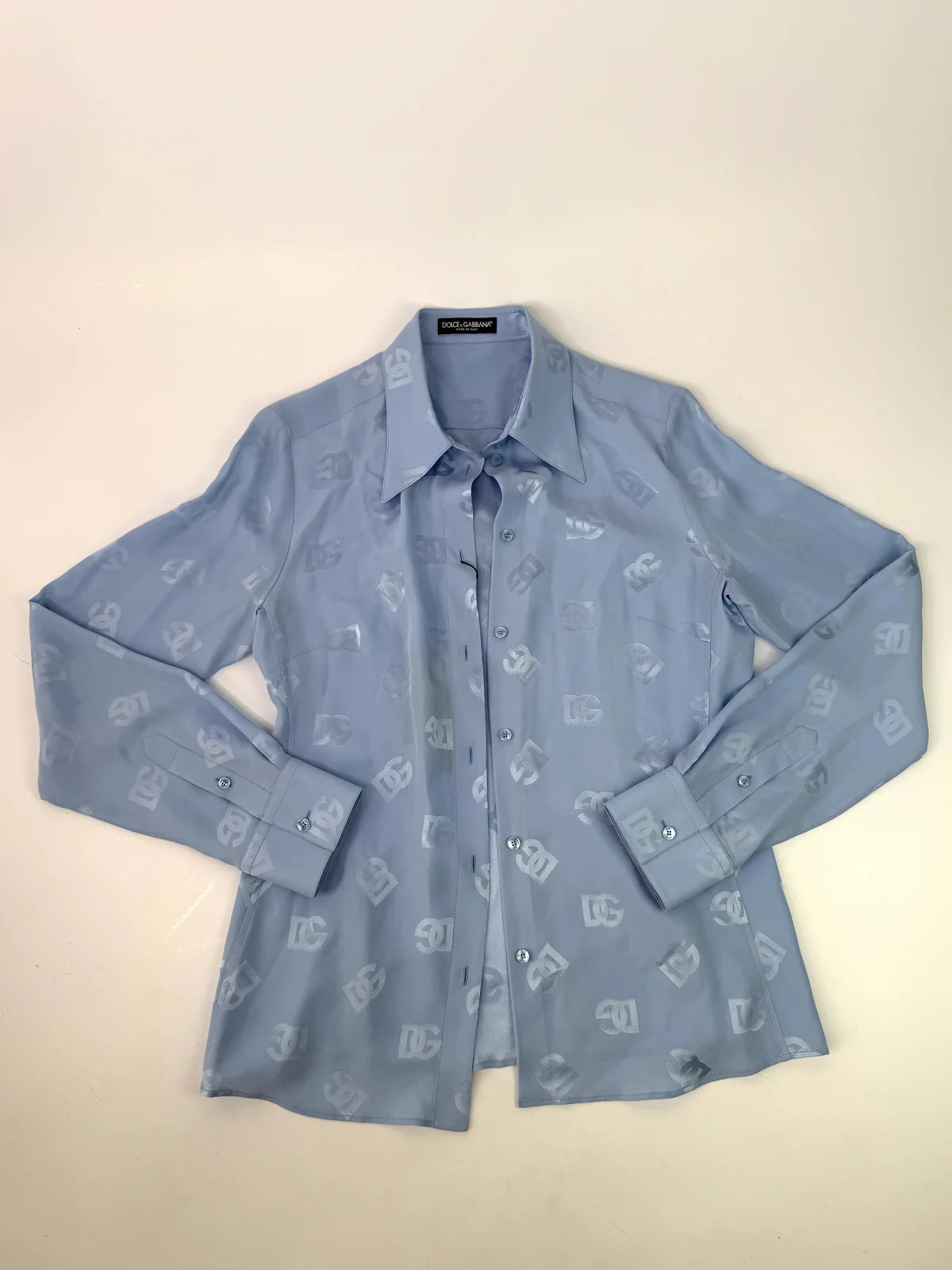 DOLCE & GABBANNA SILK JACQUARD SHIRT WITH ALL-OVER DG LOGO (SIZE 46/UK14)