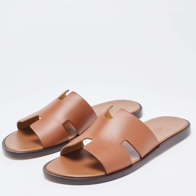 Hermes Brown Leather Izmir Flat Slides Size 42