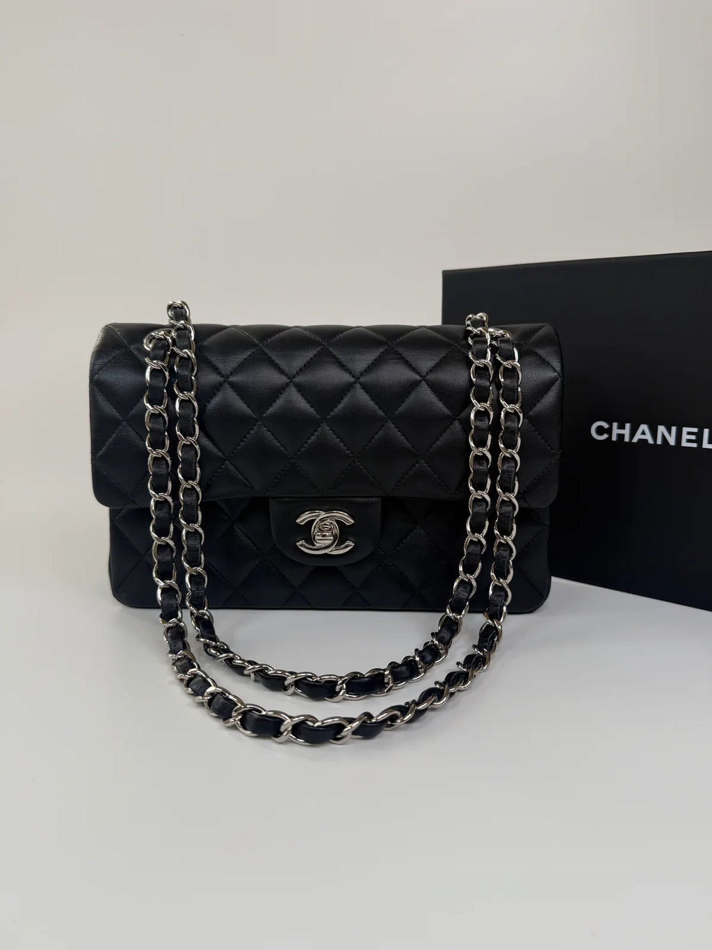 CHANEL SMALL CLASSIC DOUBLE FLAP IN BLACK LAMBSKIN LEATHER WITH SHW