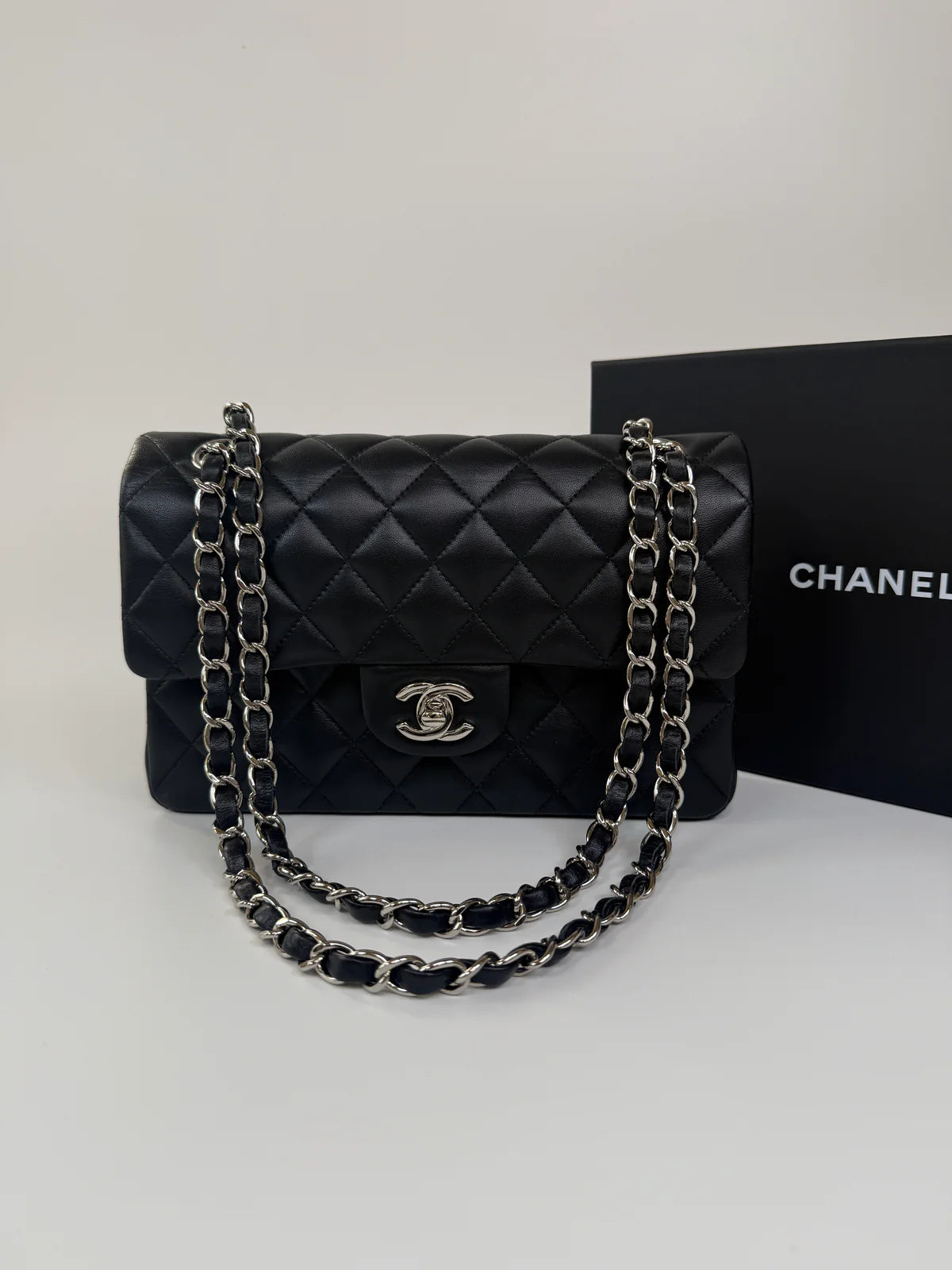 CHANEL SMALL CLASSIC DOUBLE FLAP IN BLACK LAMBSKIN LEATHER WITH SHW