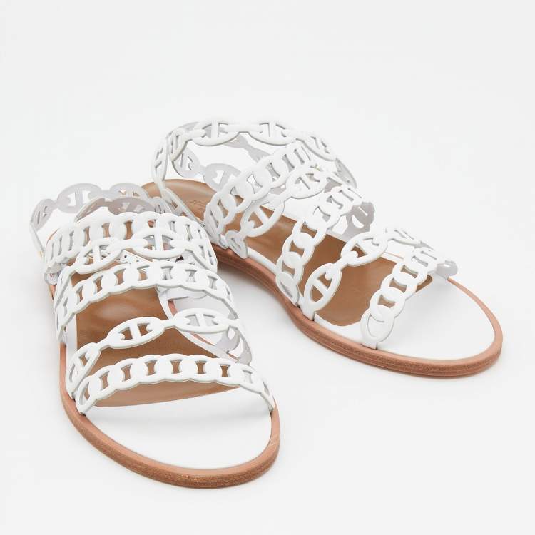 Hermes White Leather Kalliste Ankle Strap Flat Sandals Size 38