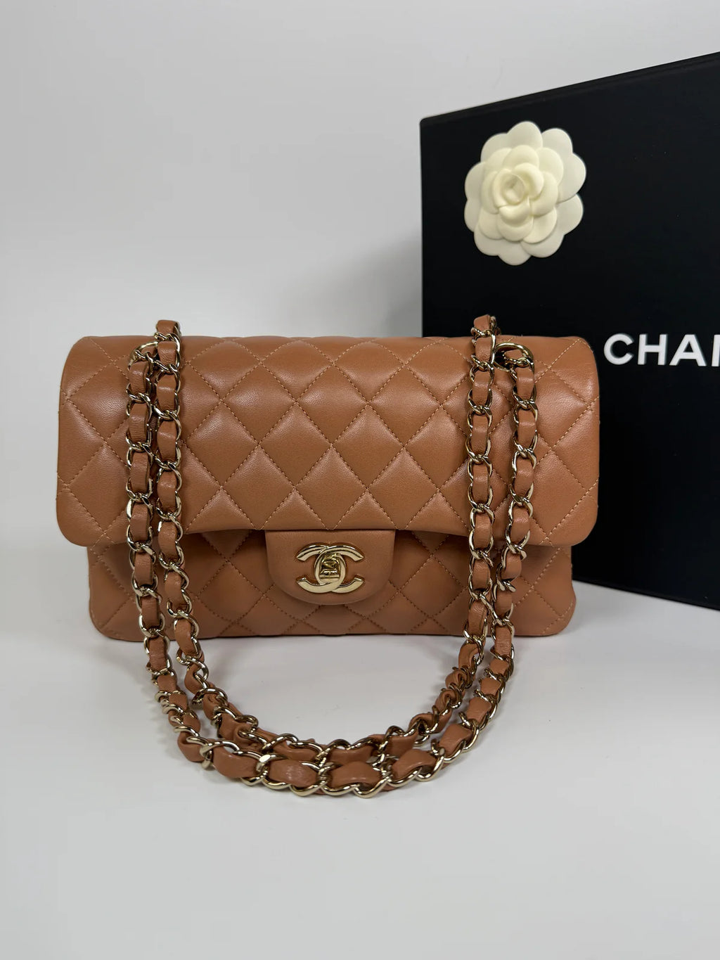 CHANEL SMALL CLASSIC DOUBLE FLAP IN BROWN LAMBSKIN LEATHER WITH GHW