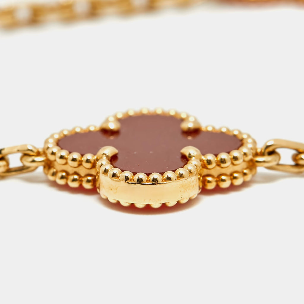 Van Cleef & Arpels Vintage Alhambra 18k Yellow Gold Carnelian 5 Motif Station Bracelet