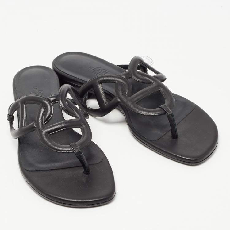 Hermes Black Leather Beach Flat Slides Size 37