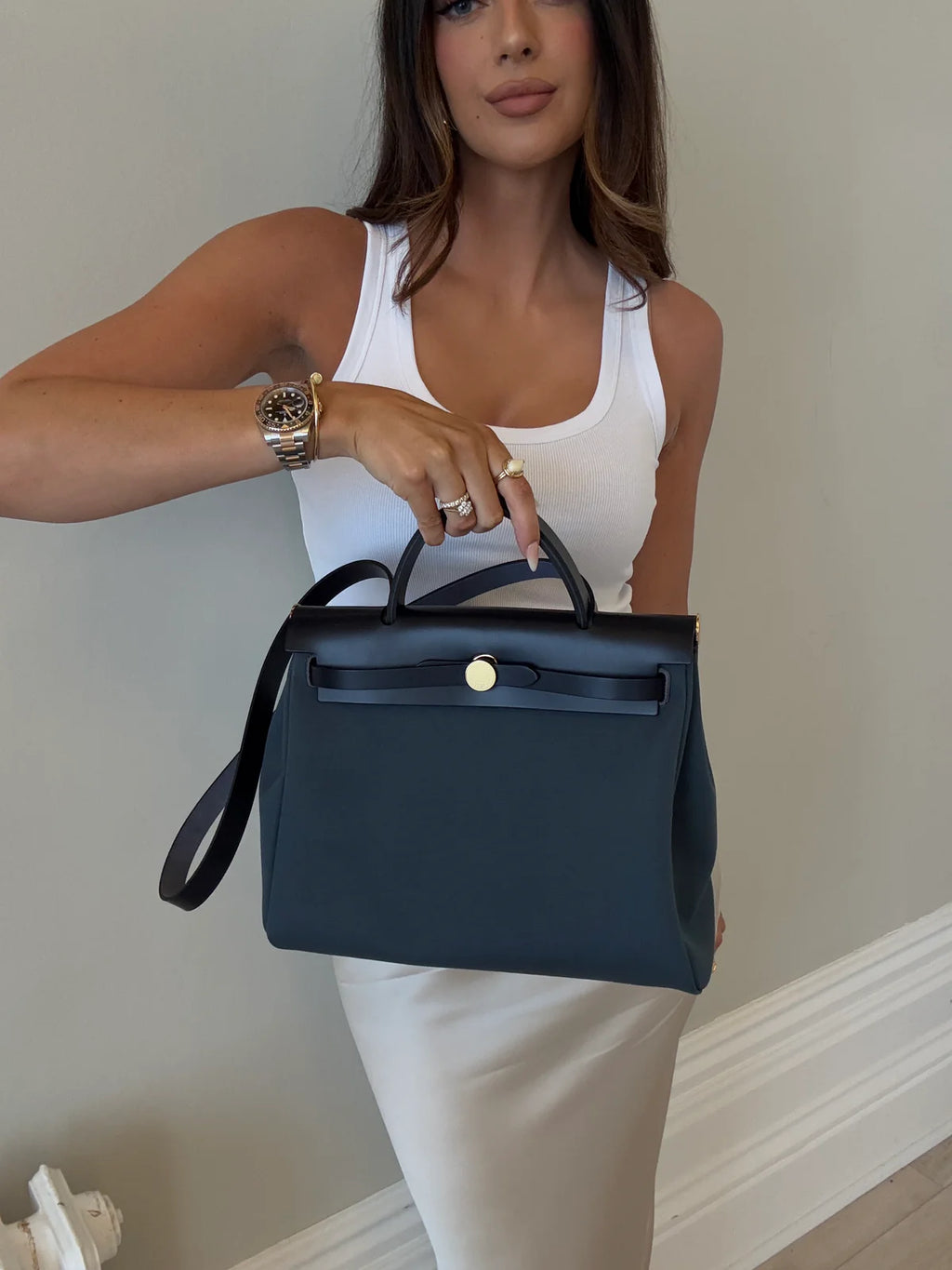 HERMÈS HERBAG 31 VERSO IN BLEU INDIGO AND SESAME WITH GHW