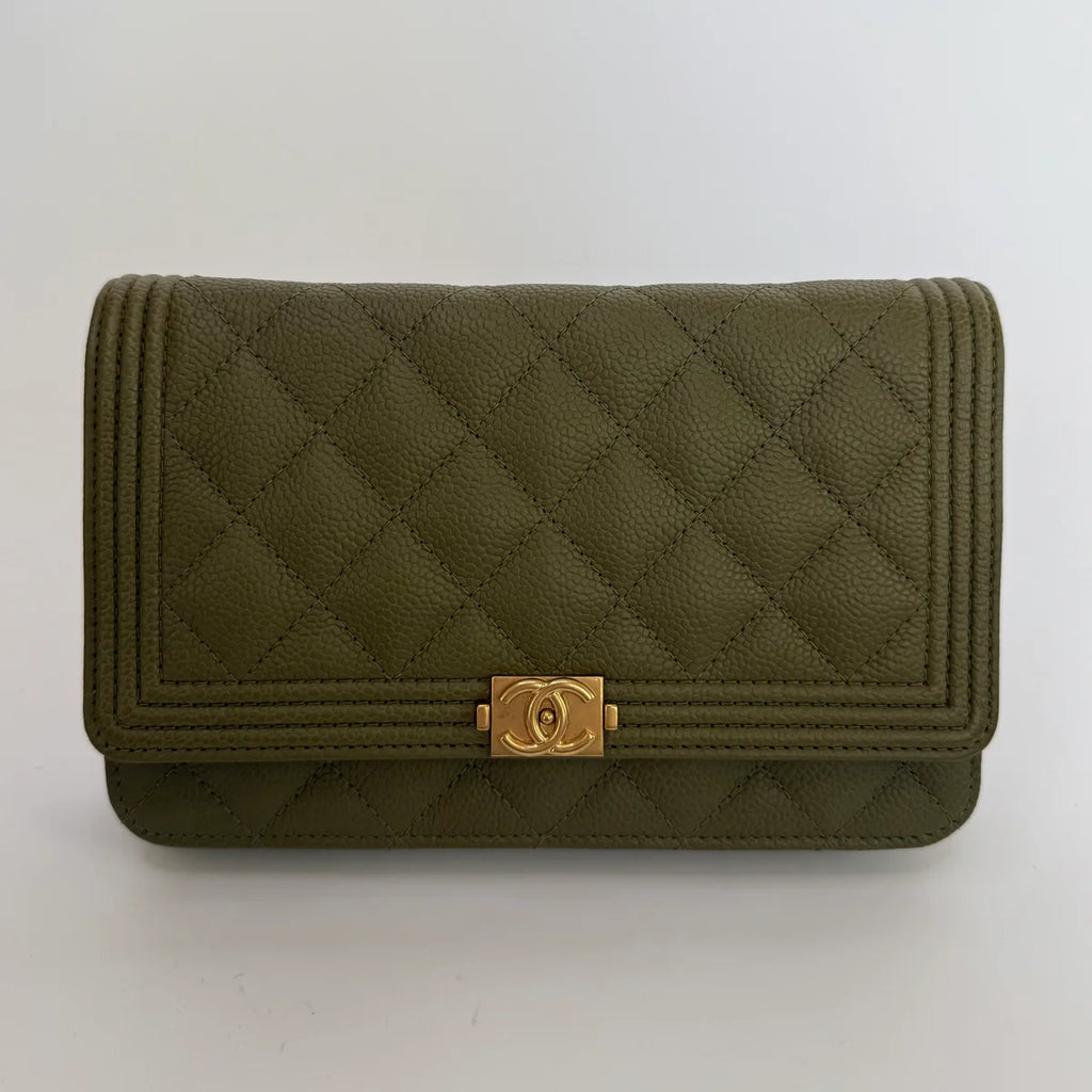 CHANEL BOY WALLET ON CHAIN IN KHAKI CAVIAR LEATHER WITH GHW
