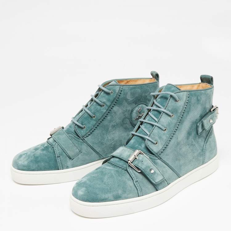 Christian Louboutin Teal Suede Nono Strap Belted Buckle Logo Hi-Top Sneakers Size 43.5