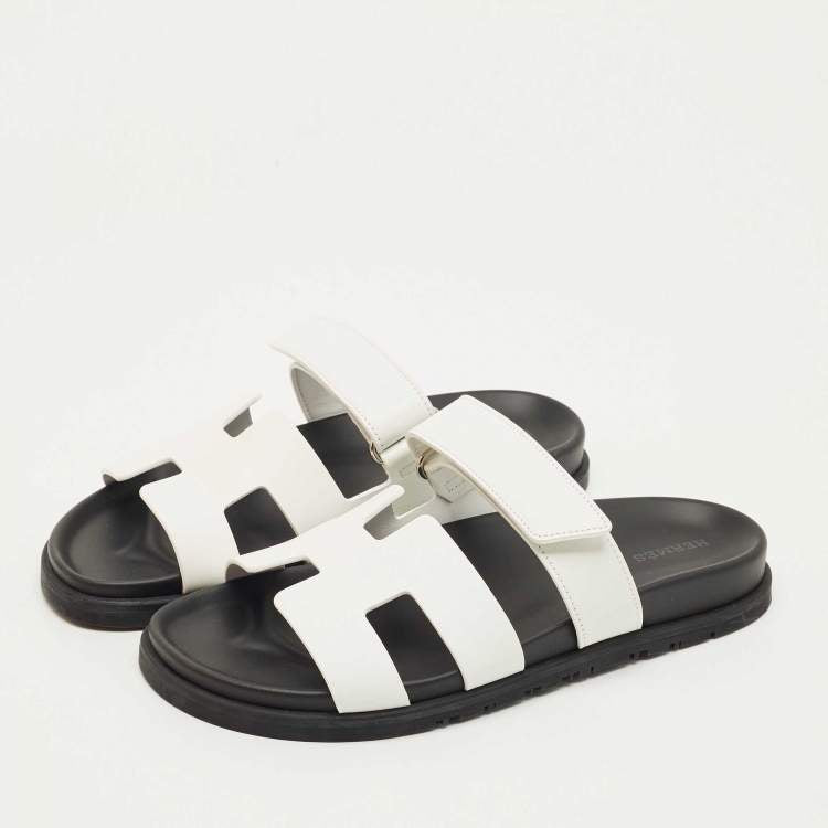 Hermes White/Black Leather Chypre Flat Slides Size 40