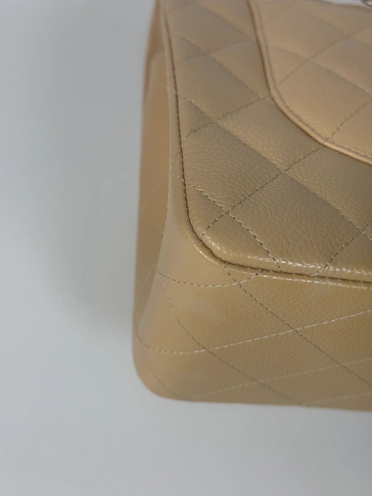 CHANEL JUMBO CLASSIC FLAP BAG IN BEIGE CAVIAR LEATHER WITH SHW