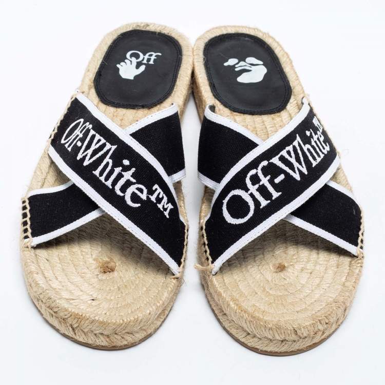 Off-White Black/White Logo Embroidered Canvas Crisscross Flat Espadrille Slides Size 38