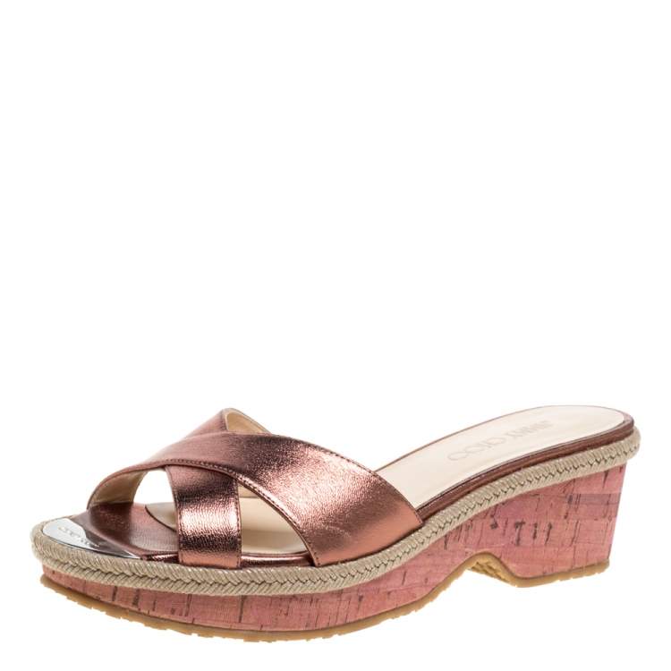 Jimmy Choo Metallic Bronze Leather Prima Cork Wedge Slide Sandals Size 38