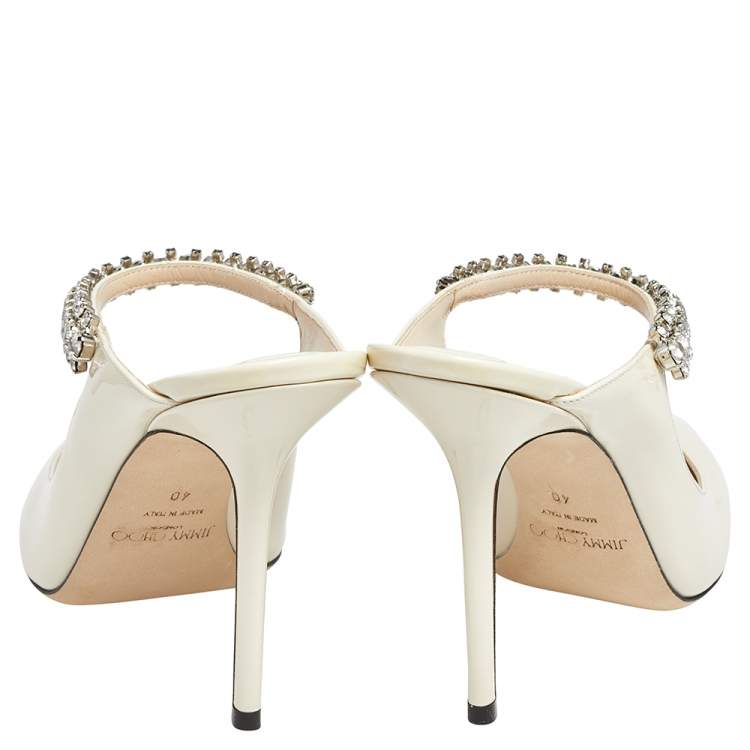 Jimmy Choo Cream Patent Leather Crystal Embellished Pointed Toe Mule Sandals Size 40