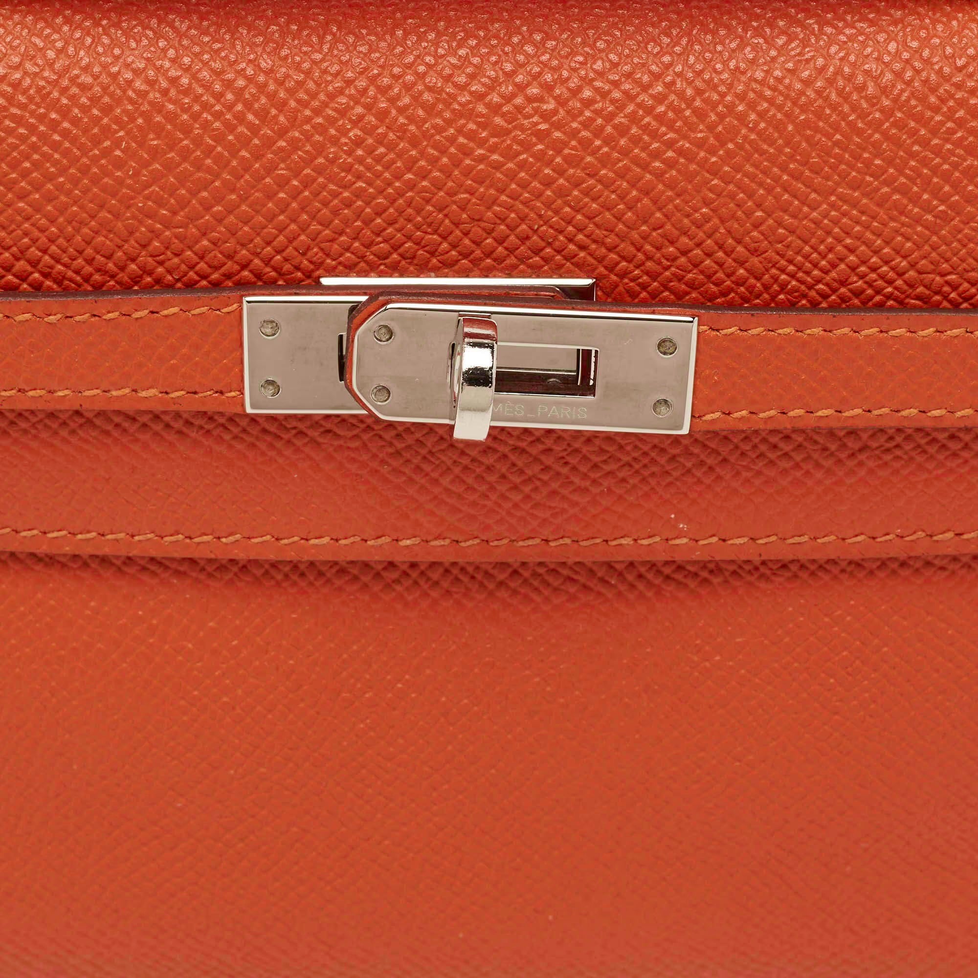 Hermes Kelly Palladium Finish Orange Poppy Epsom Leather Pochette