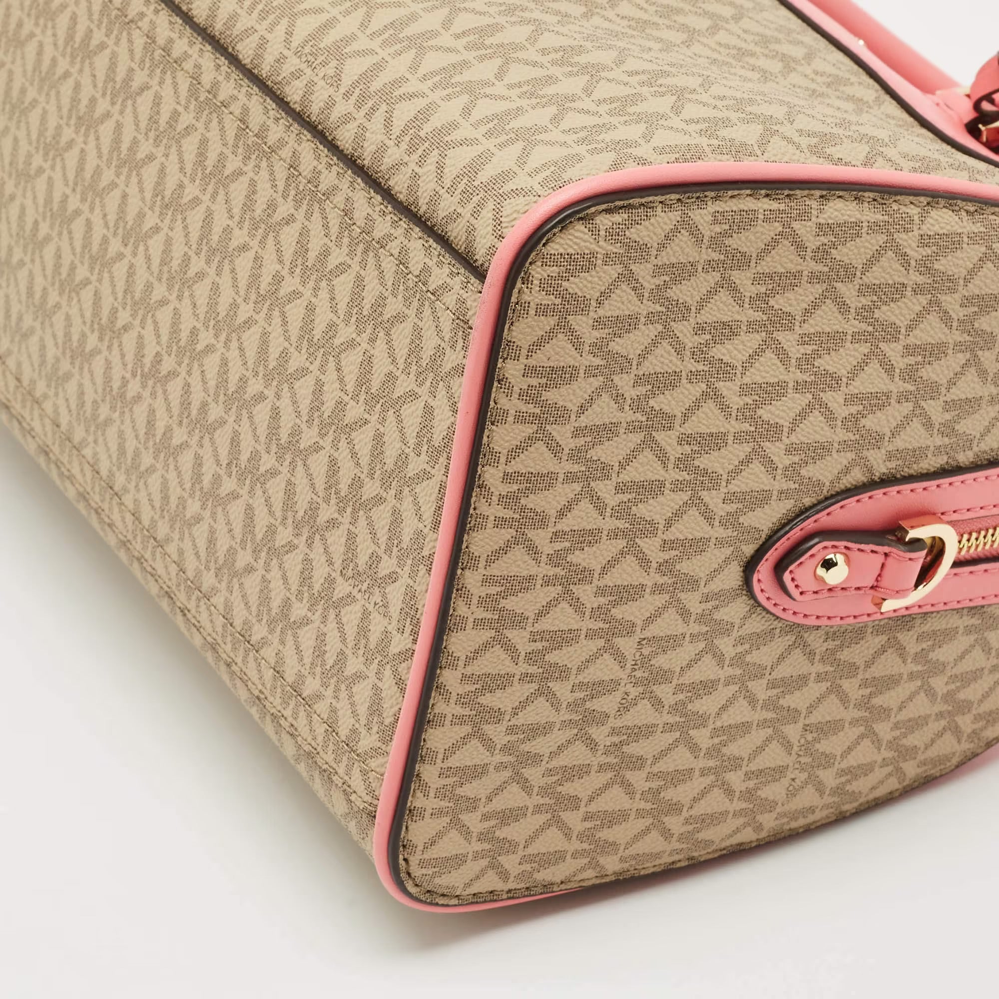 Michael Kors Tea Rose/Beige Signature Coated Canvas Medium Travel Duffle Bag