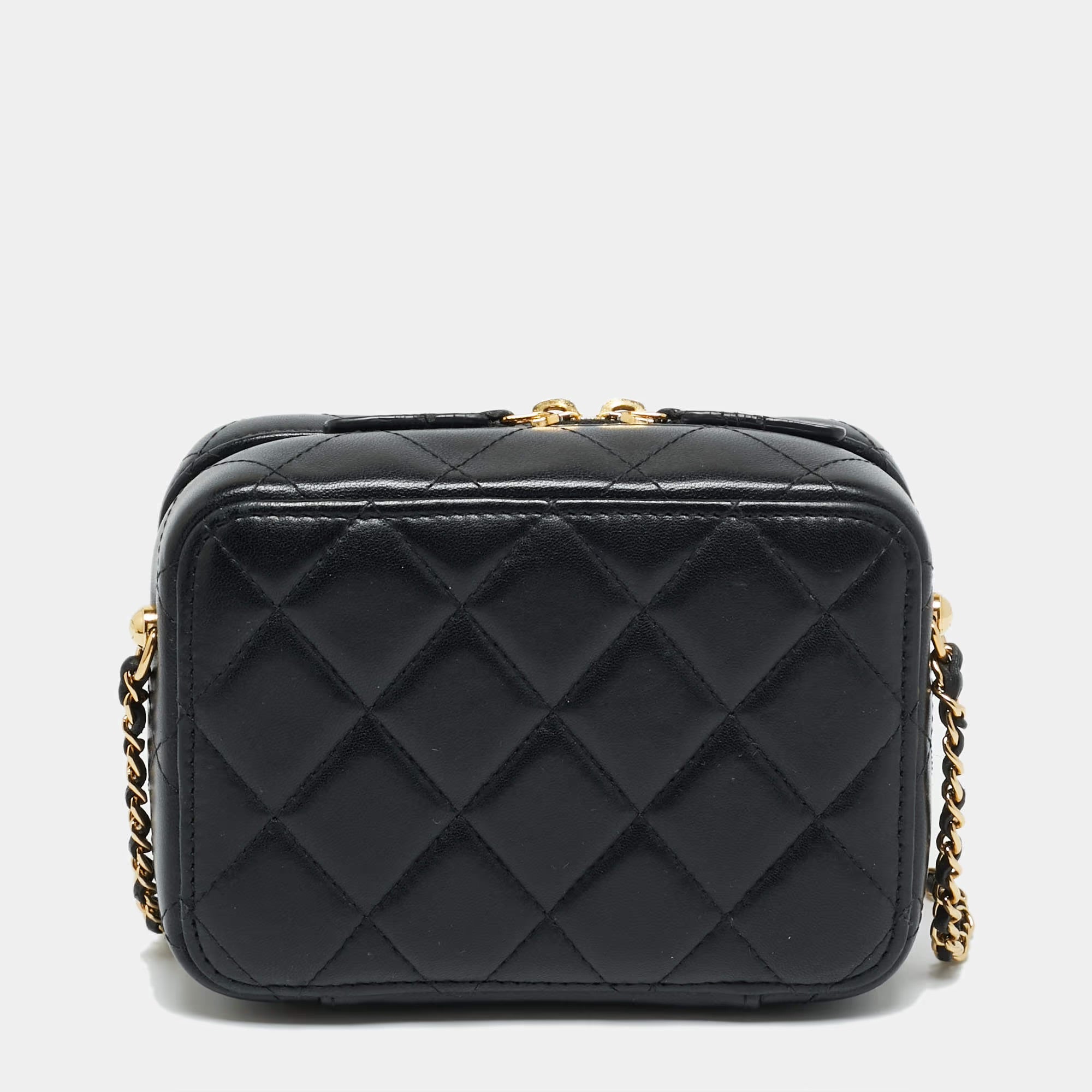 Chanel Vanity CC Metal Plate Mini Black/Gold Quilted Leather Shoulder Bag