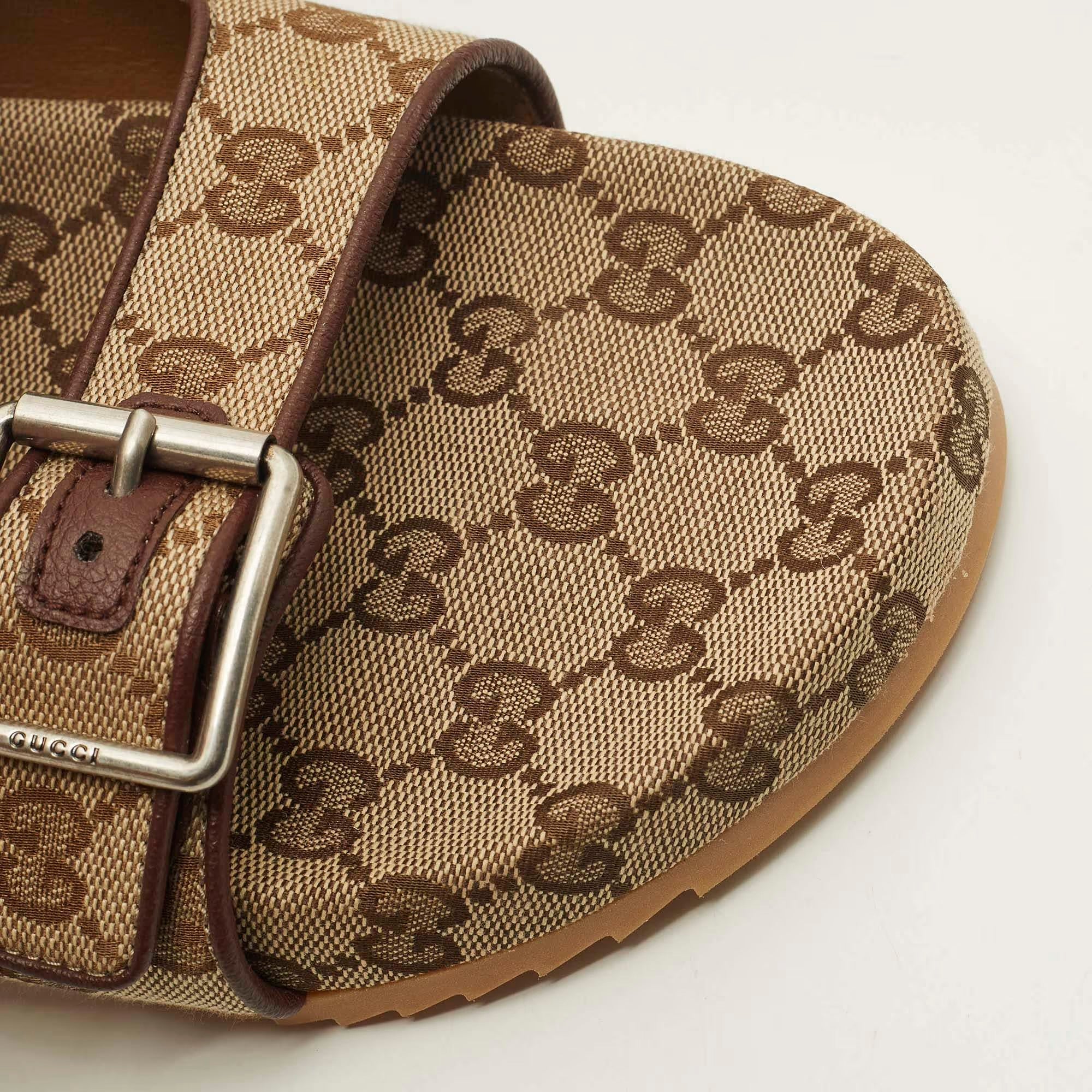 Gucci GG Size 44 Beige/Brown Canvas and Leather Double Buckle Slide Sandals