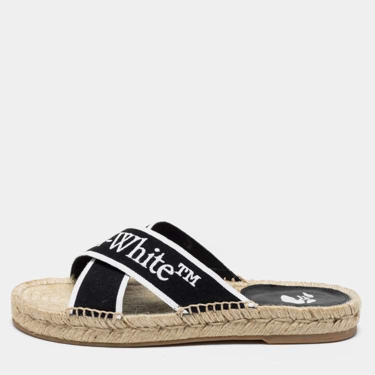 Off-White Black/White Logo Embroidered Canvas Crisscross Flat Espadrille Slides Size 38