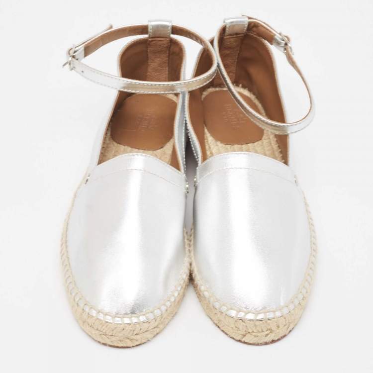 Hermes Silver Leather Malaga Espadrille Flats Size 38