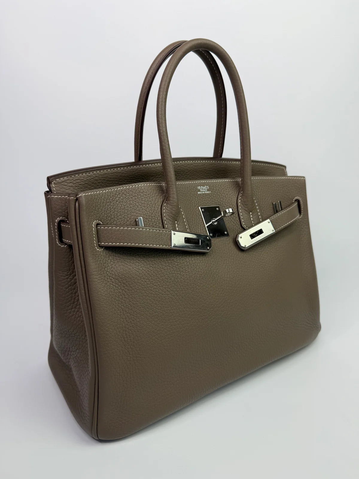 HERMÈS BIRKIN 30 IN ETOUPE CLEMENCE LEATHER WITH PHW