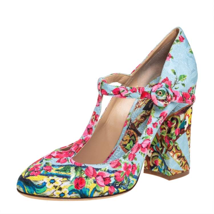 Dolce & Gabbana Blue Floral Print Fabric T-Strap Pumps Size 40
